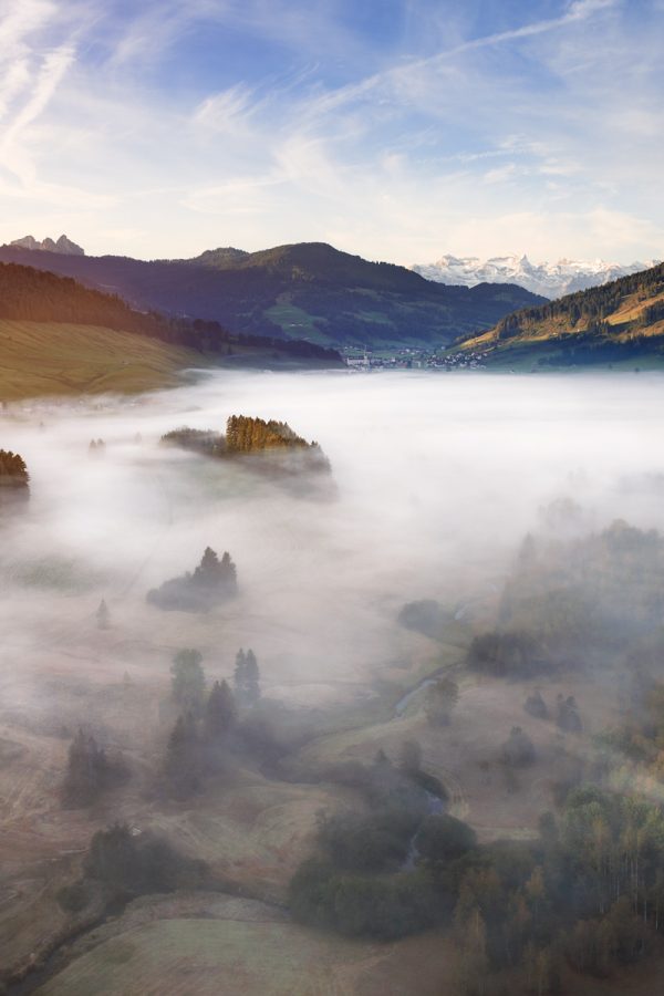 Schwyz, Rothenthurm, Moor, Sunrise, Nebel, Luftaufnahme